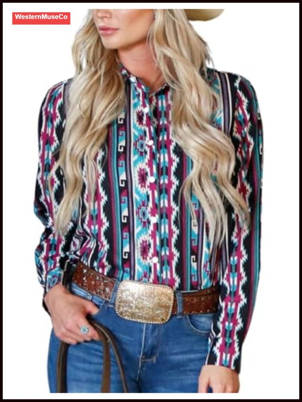 Retro Aztec Print Pearl Snap Button Down Western Cowgirl Blouse Long Sleeve